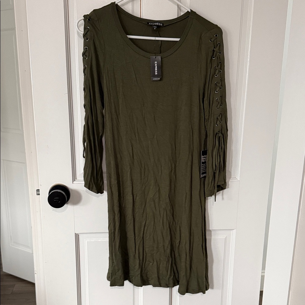 Express Olive Lace-Up Sleeve Long Sleeve Dress